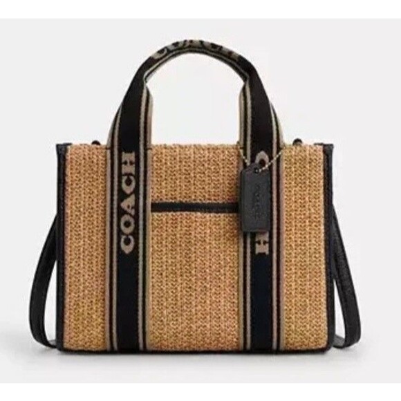 COACH Smith Tote Bag 24 CAL89 Toast Black Crossbody Straw Leather Purse NWT - Picture 1 of 6